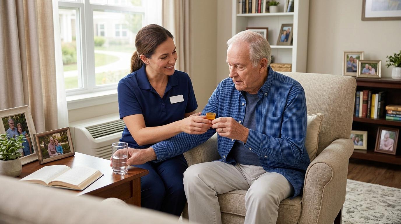 Smiling older adult and family member talking with a senior living advisor about assisted living options.