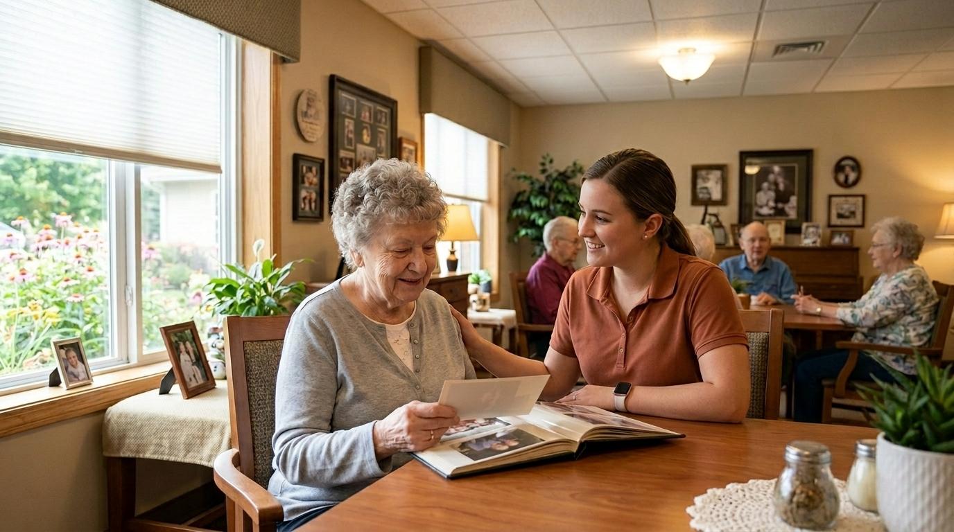 A caring adult and older person sharing a warm moment, representing compassionate memory care at Highland Senior Living.