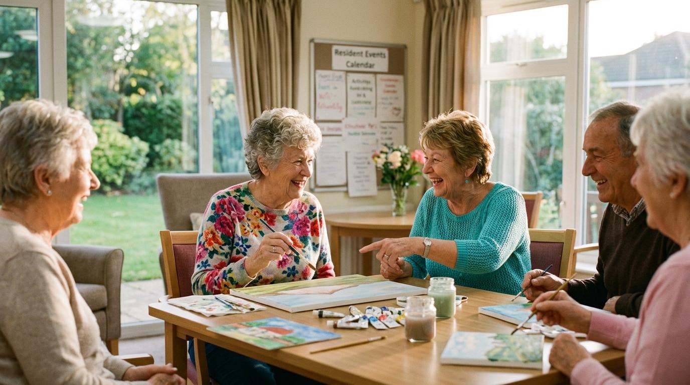 Smiling seniors enjoying conversation and connection in a living room setting.